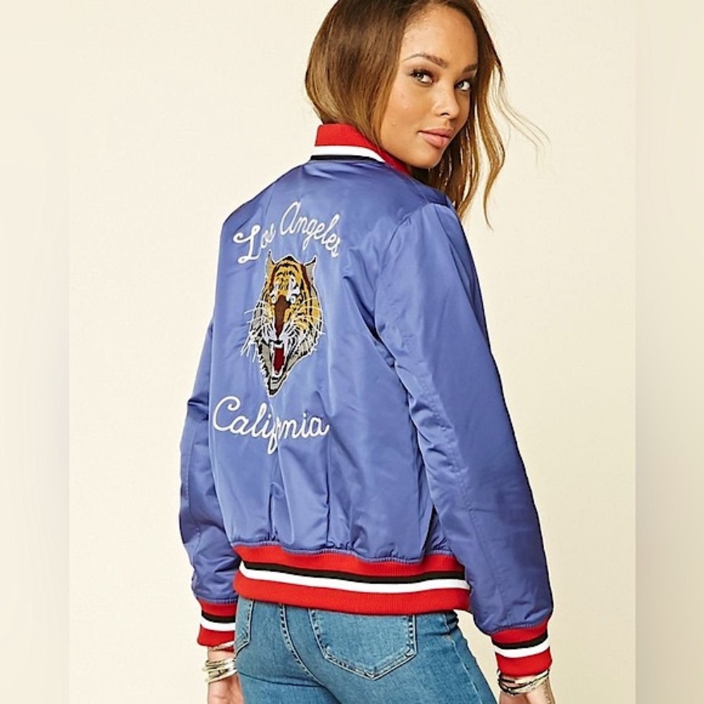 Forever 21 | Womens Blue LA Embroidered Tiger Insulated Varsity Jacket -Size 2X